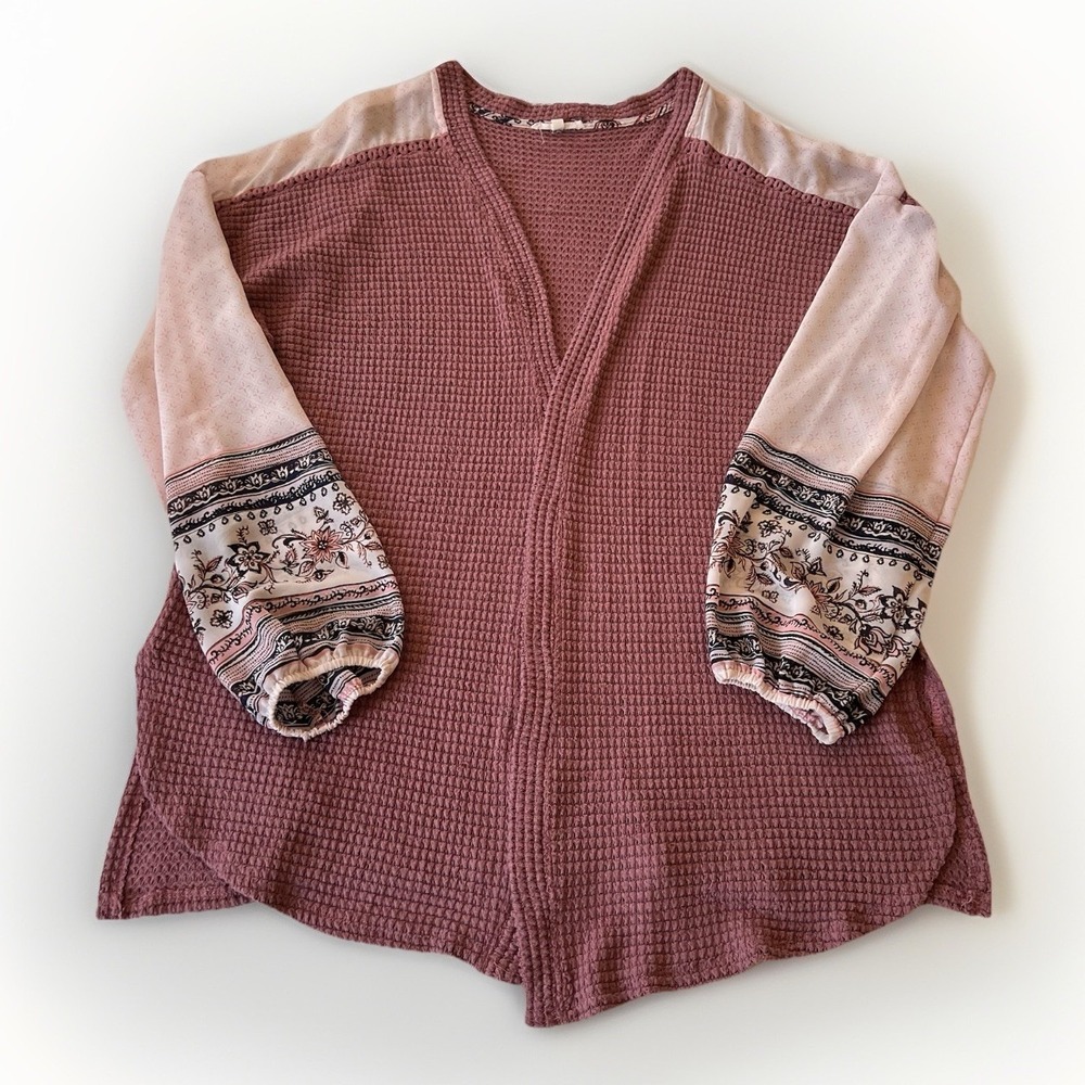 Maurices Pink Open Front Cardigan XL Sheer Floral Sleeve Lightweight Boho Knit